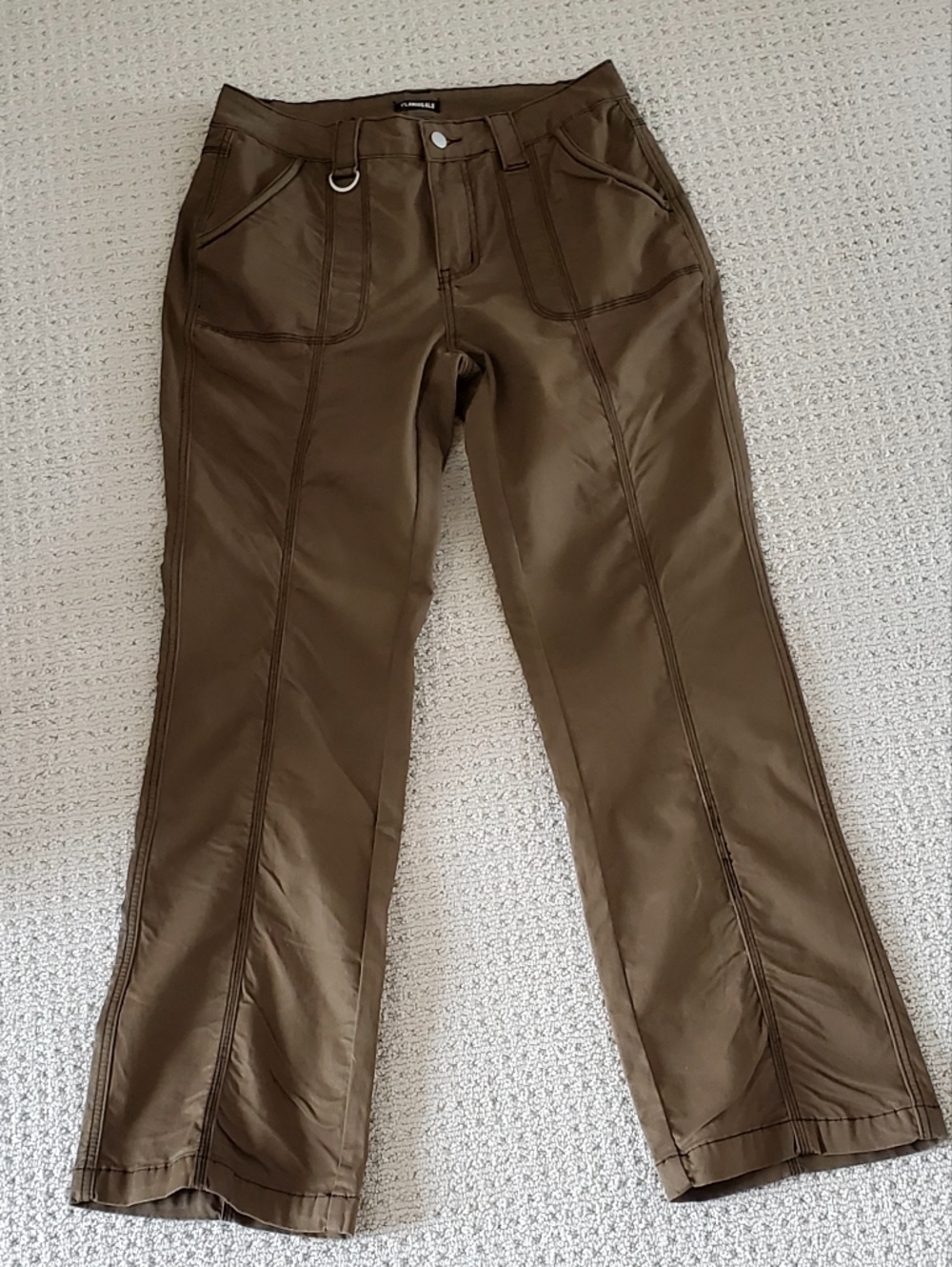 Flamingals Mid-Rise Straight Leg Cargo Exposed Stitch Pants, Brown Med - Picture 2 of 13